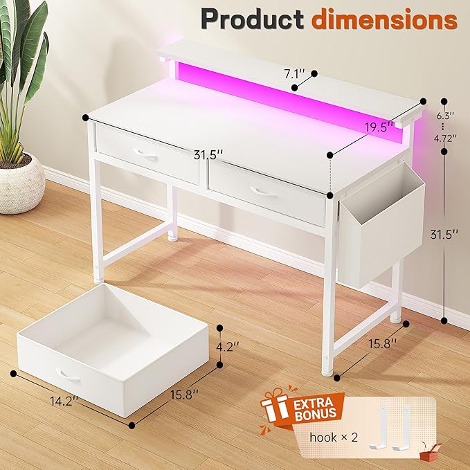 Computer Desk with 2 Drawers &amp LED Lights31.5 Inch Home Office Desks with Side Pocket and Monitor StandStudy Writing Table for Small SpacesWhite