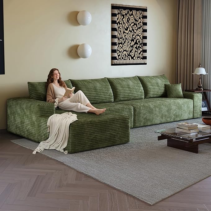 135 Corduroy Boneless Sectional Couch with Chaise No Assembly Required L Shaped Modular Sectional Sofa Upholstered Boneless Couches for Living Room Bedroom (Green 4 Seater+Left Facing Chaise) | C