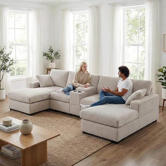 126 U Shaped Sofa Modular Sectional Sofa with Chaise Lounges Modern Couch with Storage Console USB Charging Ports &amp Cup Holders Corduoy Upholstered Deep Seat Couch for Living Room Beige | st