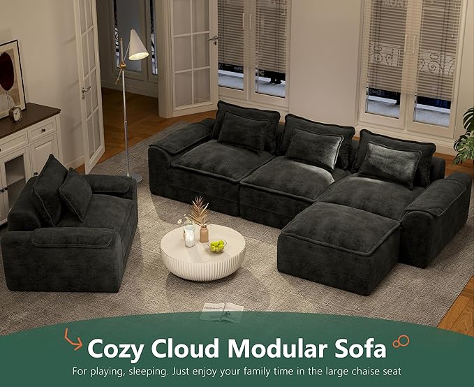 Hobestluk 120 Cloud Modular Sectional Couch 3-Seater Sofa with Ottoman L Shaped Sofa with Removable Cover Large Sofa Couch for Living Room (Dark Grey 3-Seater Sofa with One Ottoman)
