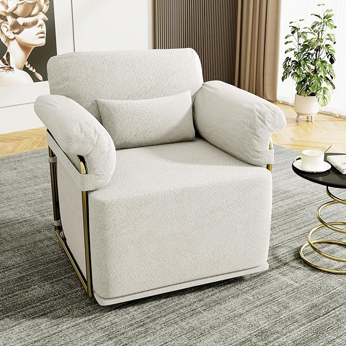J.M.Deco Swivel Accent Sofa Chair Velvet Upholstered Reading Chair &amp Comfortable Armchair for Living Room Bedroom Reading Room Office (Square Seat * White)