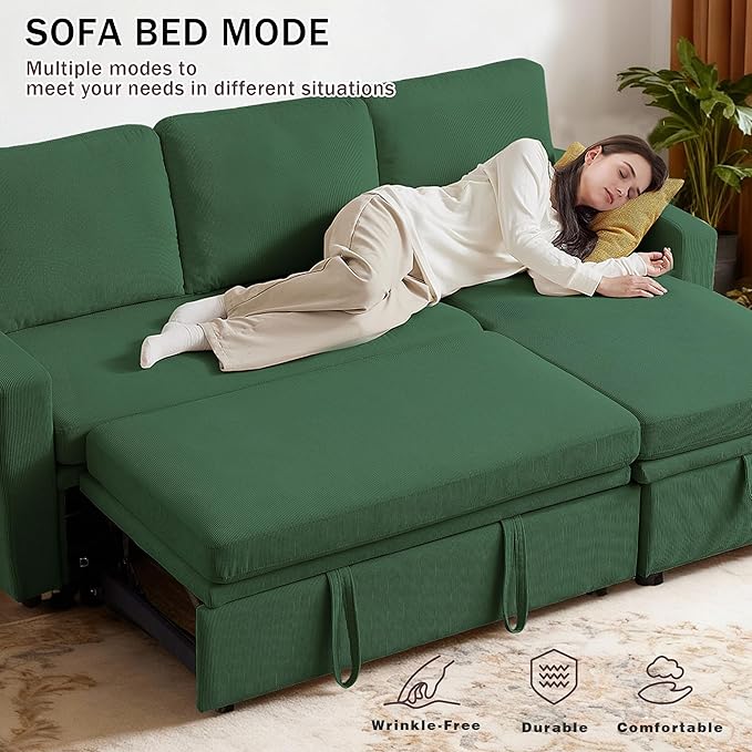 Sectional Sofa Bed Convertible Sleeper Sofa with Storage Chaise L-Shape Modern Polyester 3 in 1 Pull Out Couch Bed for Living Room Green