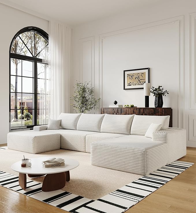 136 Sectional Couches for Living Room Modern Modular Sofa with L-Shape Couchs Upholstered Boneless Couch Deep Seat Sectional Couch with Chaise (White Right Facing Chaise+3Seaters+Ottoman)