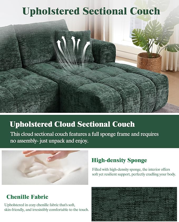 108 Boneless Cloud Modular Sectional Couch for Living Room L Shaped Sofa with Chaise | Chenille Fabric | Compressed Foam Sofa for Living Room | No Assembly (Deep Green Right Hand Facing)