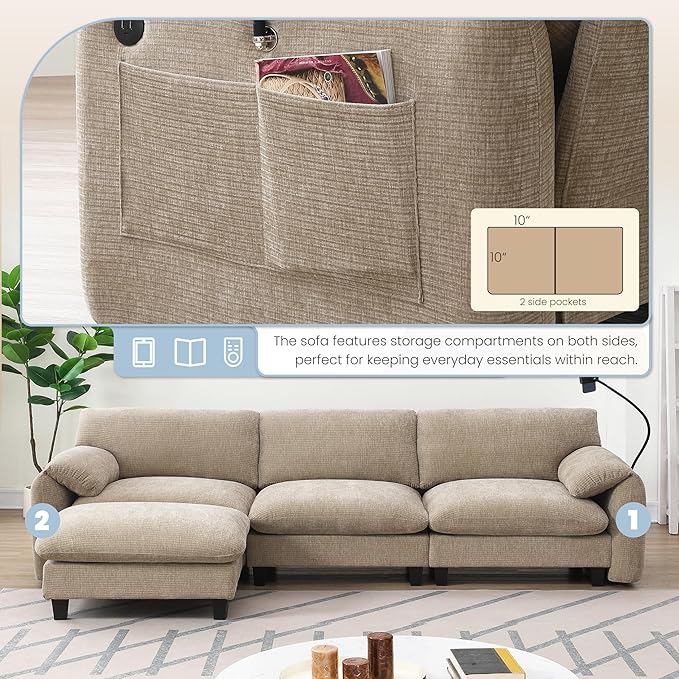 108 Modular Sectional Sofa L-Shape Upholstered Couch with Free Movement Ottoman Phone Holder and 2 Side Storage Pockets 31.5 Extra-Wide Seat Cushion Striped Chenille (Light Khaki+Beige/511)