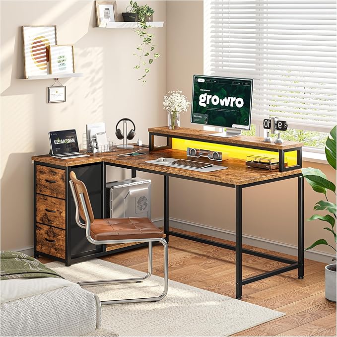 EnHomee L Shaped Desk with 3 Drawers 40 Inch Small Desk with Monitor Stand Gaming Desk with Power Outlet Computer Corner Desk with LED Lights for Gaming Home Office Study Room Rustic Brown