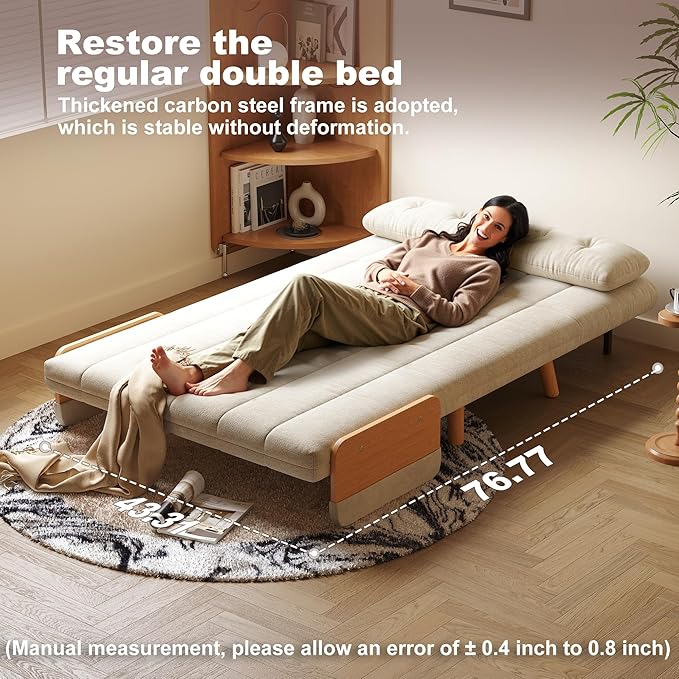 Convertible Chair Bed Futon Sofa Bed Sleeper Chair with Solid Wood Leg and Storage Pocket Linen Fabric Sofa Couch Guest Bed for Living Room Bedroom Office Apartment (43.31)