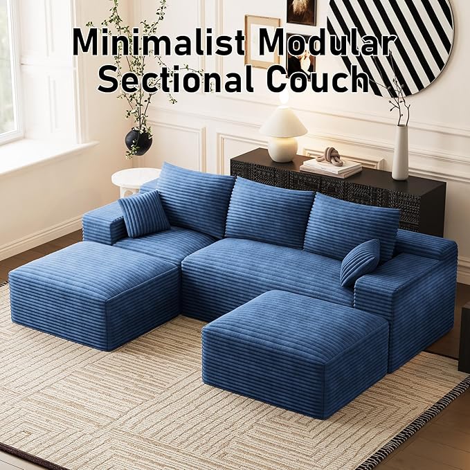 108 Oversized U-Shaped Sectional Couches for Living Room Comfy Fluffy Corduroy Blue Boneless Cloud Couch with 2 Ottomans Plush Memory Foam Modular Sectional Sofa for Small Spaces