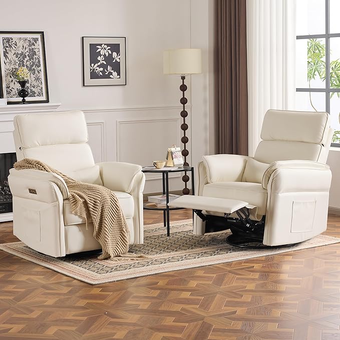 MELLCOM Power Recliner Rocking Chair Nursery Gliders with Adjustable Armrests and Headrest Swivel Electric Glider Reclining Nursing Chair with Storage Bags and USB Port FSC Certified(Beige Leather)