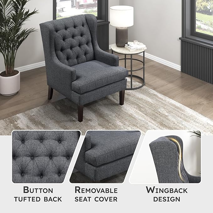 Lexicon Living Room Accent Chair Textured Fabric Upholstered Reading Chair Button-Tufted High Wingback for Living Room/Bedroom/Office Charcoal