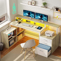 DWVO L Shaped Desk with Drawers 65 Computer Desk with Power Outlets &amp LED Lights Corner Home Office Desk with Storage Shelves &amp Printer Stand White &amp Oak