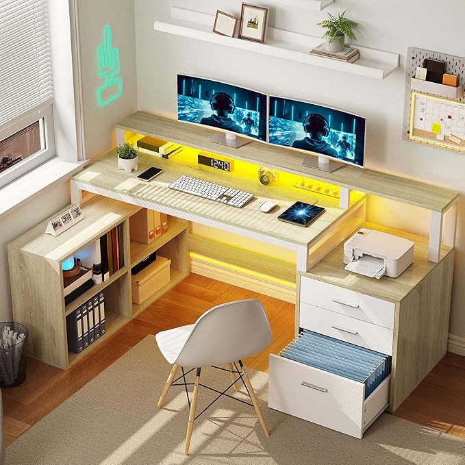 DWVO L Shaped Desk with Drawers 65 Computer Desk with Power Outlets &amp LED Lights Corner Home Office Desk with Storage Shelves &amp Printer Stand White &amp Oak