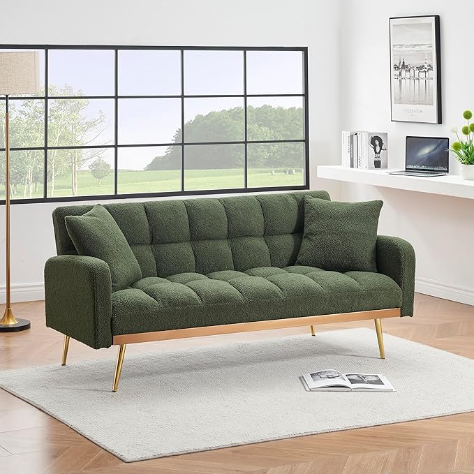 KEIKI 69 Folding Futon Sofa Couch w/Adjustable Backrest Mid Century Modern Loveseat Convertible to Sleeper Bed Small Comfy Teddy Cloud Couch SofaBed for Living Room &amp Bedroom 2 Pillows Green