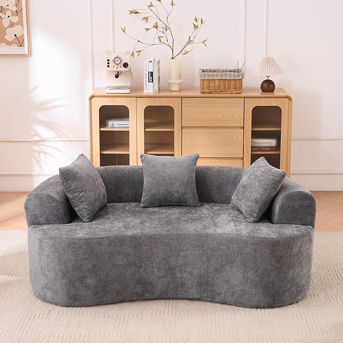 Loveseat Sectional Boneless Sofa for Living Room 79 Modern Luxury Chenille Sofa Extra Deep Seat Curved Cloud Floor Couch with 3 Throw Pillows for Small Spaces Grey