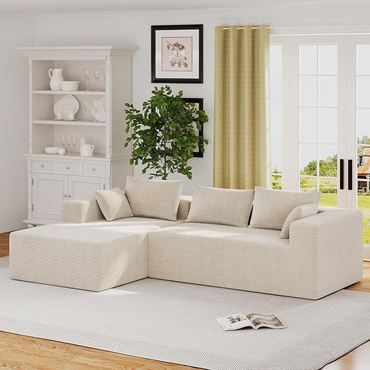 ALISH 111 Inch L-Shaped Cloud Sectional Sofa Couch Compression Couch with Chaise Modular Deep Seat Boneless Design for Easy Setup Plush Upholstered Living Room Bedroom Apartment Furniture Beige