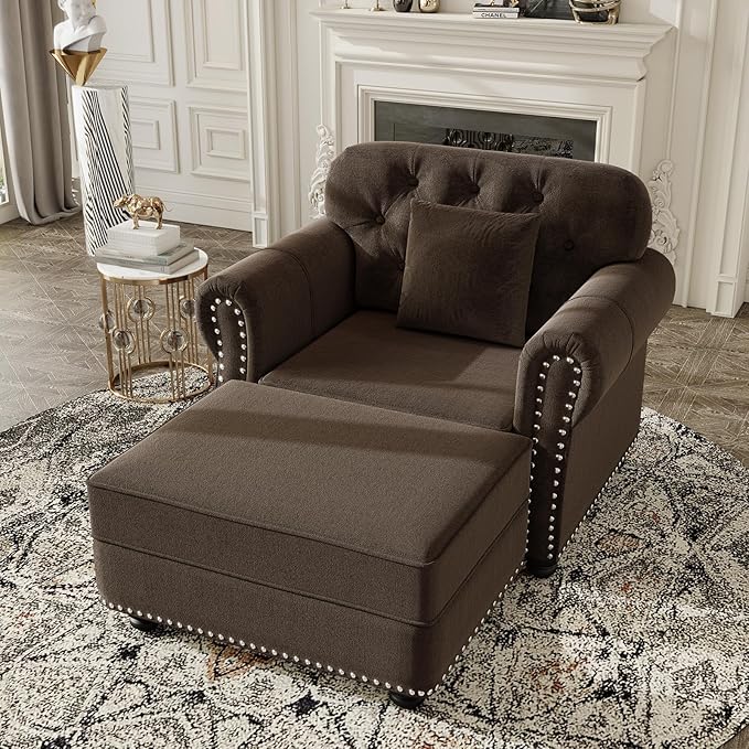 3 Piece Chesterfield Sofa and Chair with Ottoman Comfy 3 Seater Tufted Velvet Couch Set with Rolled Arms &amp 4 Pillows Mid Century Modern Couch and Chair and Ottoman Vintage Living Room Sets (Bro