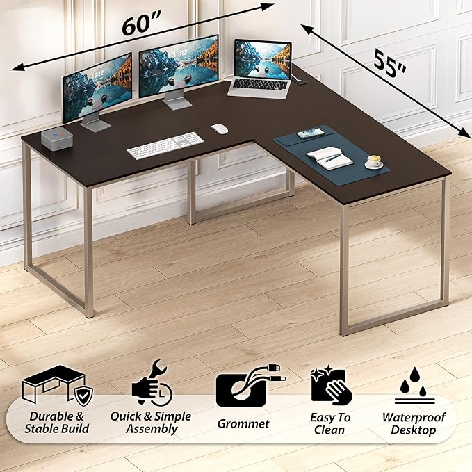 SHW Mission 55 x 60 Inches L-Shape Home Office Computer Desk Espresso