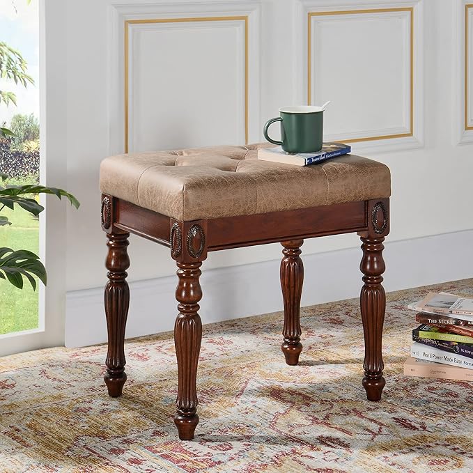 Solid Wood Makeup Vanity Table Set 46.1 Large Dressing Vanity Table with 2 Drawers and Vanity Bench Stool Writing Desk with Solid Wood Legs &amp Button Tufted Cushioned Stool Cherry&ampLight Brow