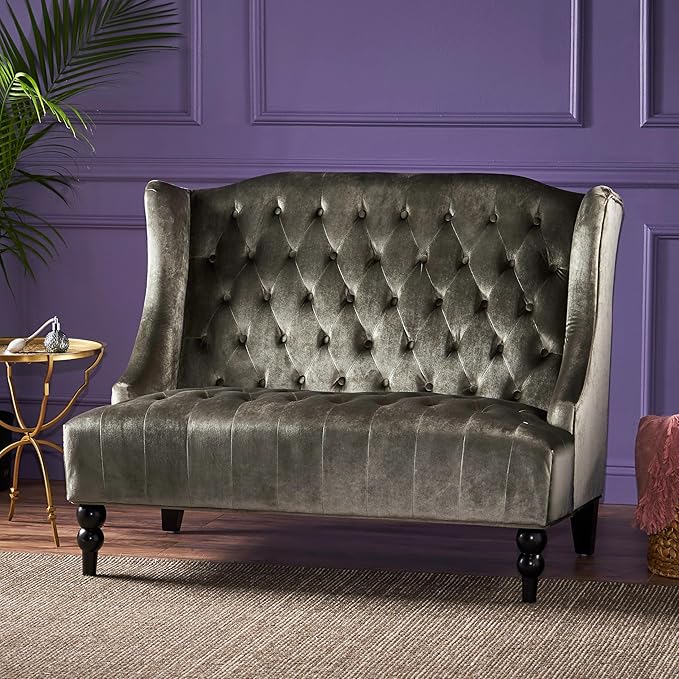 Modern Tufted Velvet Wingback Loveseat Tufted Velvet 2 Seat Couch Sofas with High Back Thick Padded Cushioned Seats for Living Room Victorian Style Grey