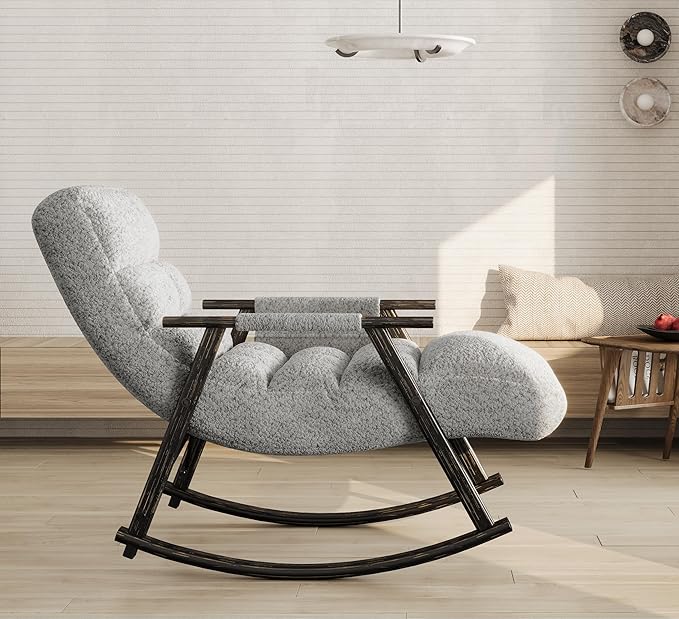 Adjustable Rocking Chair Foldable Lounge Chair with Footrest Teddy Fabric Upholstered Rocking Chair 5 Recline Positions for Living Room Bedroom