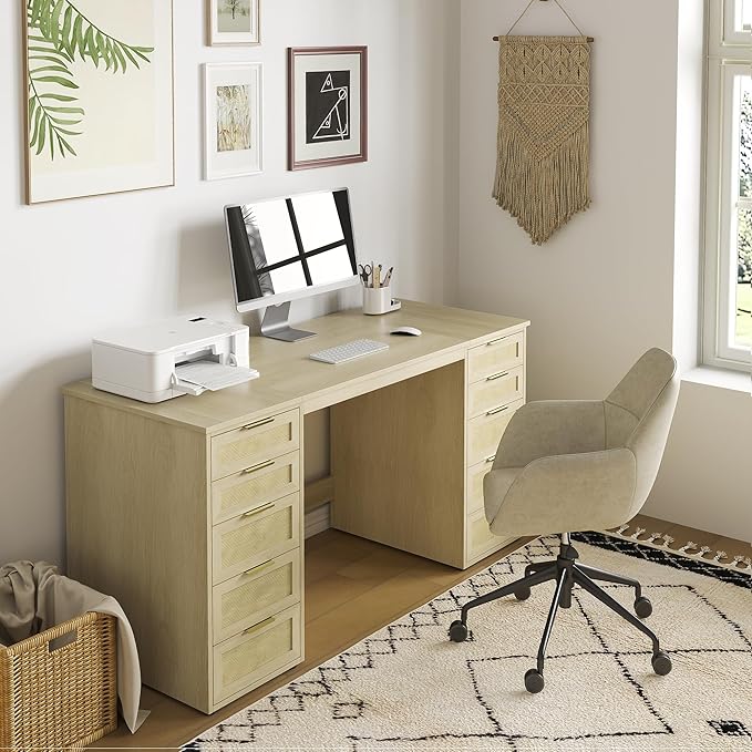 WOPITUES 60 Boho Home Office Desk with 10 Wooden Drawers Rattan Computer Writing Desk with Power Outlets Large Executive Desk with Storage Cabinet for Work Study Writing Craft Natural Brown