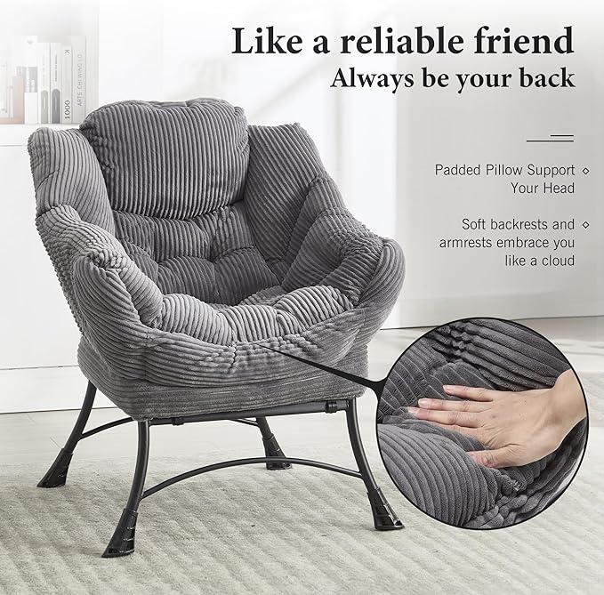 HOMEFUN Lazy Chair with Ottoman Bedroom Chairs for Adults Modern Lounge Accent Chair with Armrests Ergonomic Footrest for Small Spaces Comfy Reading Chair for Living Room Bedroom Office Grey