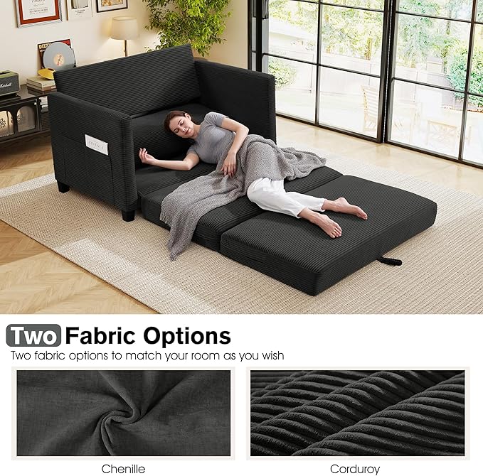 51 Loveseat Sleeper Sofa Bed Corduroy Convertible Floor Sofa Bed for Small Spaces Folding Couch Bed with Deep Seat 2 Pillows &amp Solid Frame Pull Out Floor Couch for Living Room Black