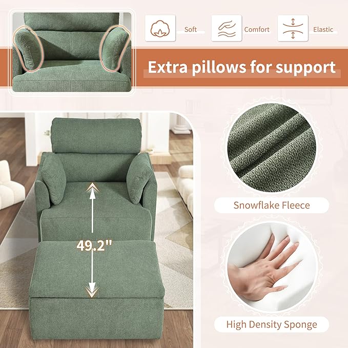 Snowflake Fleece Oversized Accent Chair with Storage Ottoman - 26.57 Wide Deep Seat Reading Chair Convertible Daybed 400lbs Capacity for Living Room &amp Apartment (Green)