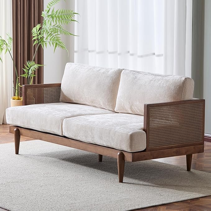 Merax 72 Spacious 2-Seater Sofa Couch with Armrests Cane Rattan Wooden Frame Loveseat Sofa for Living Rooms Bedrooms Apartment Office (Walnut+Beige)