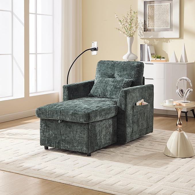 Oversized Multifunctional Recliner Chair with Phone Holder Chenille Ergonomic Lazy Boy Recliner Chair with Storage Backrest Swivel Rocking Chair for Living Room (Emerald)