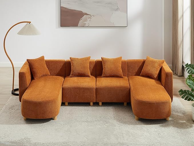 VANOMi 113 Sectional Sofa with 4 Pillows U-Shaped 4-Seater Comfy Boucle Cloud Couch Modern Double Chaises Lounge Sofas for Living Room Office Apartment (Curry-U)