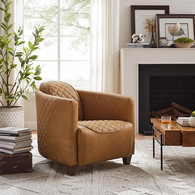 Zouron Genuine Leather Living Room Chair Mid Century Modern Single Sofa Chair with Wooden Legs Upholstered Barrel Accent Chair for Living Room Bedroom Home Office 1 Pcs Light Brown