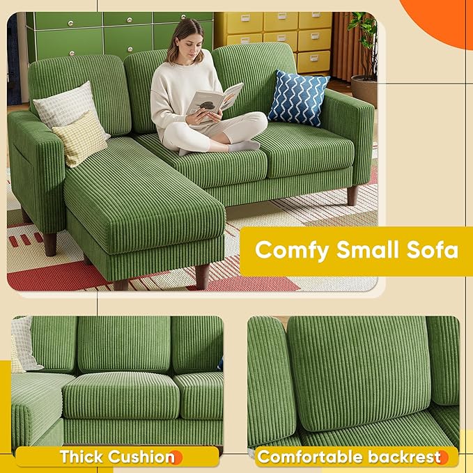 YESHOMY Couches for Living Room Sofa with Movable Ottoman Small Couch with Reversible Chaise and Side Pockets L Shaped Couch for Small Space Apartment (Corduroy Green)