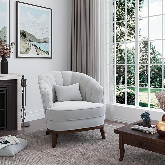 AC Pacific Ava Modern Barrel Accent Chair Upholstered Lounge Armchair with Curved Backrest Channel-Tufted Details Soft Seat Cushion &amp Throw Pillow for Living Room or Bedroom Light Grey