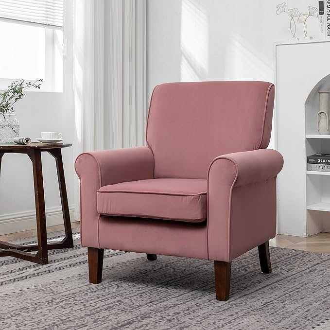 Classic Accent Armchair with Birch Wood Frame and Comfortable Rolled Armrests Arm Chairs for Living Room Bedroom and Office Decor Rose