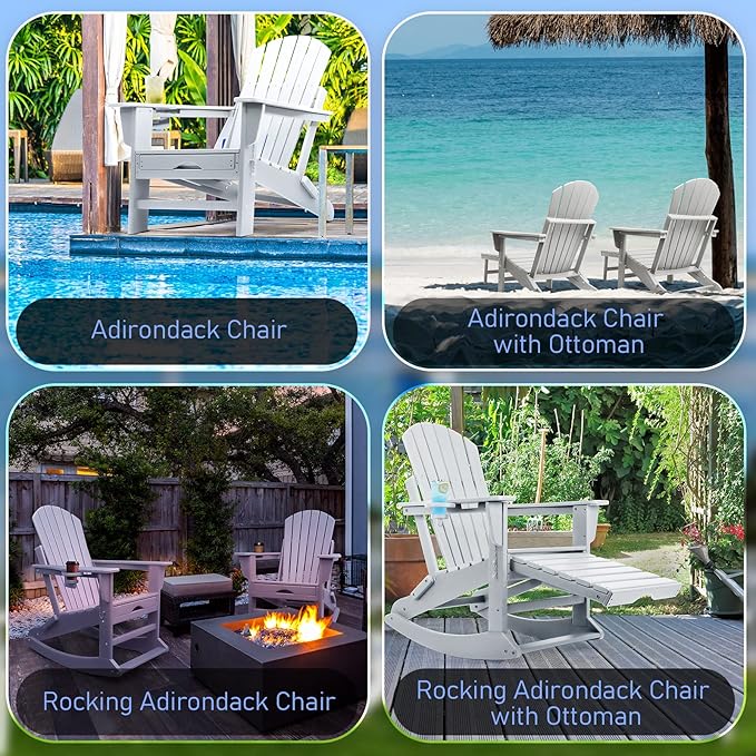 FUNBERRY Adirondack Rocking Chair Multifunctional 4-in-1 Porch Rocker with Retractable Ottoman &amp Cup Holder HDPE All Weather