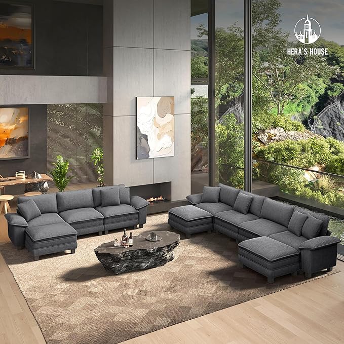 HERA'S HOUSE 158 Modular Sectional Sofa Oversized L Shaped Couches for Living Room Comfy Cloud Couch with Ottoman 5-Seater Deep Seat Sofa with Throw Pillow Corduroy Grey