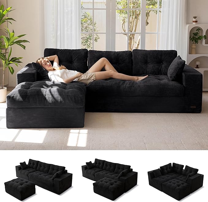 MAXYOYO 104 L Shaped Modular Sectional Sofa with Ottoman Cloud Boneless Couch with Layered Cushion Upholstered Sofa in a Box Flexible Module Combination for Living Room No Assembly Black