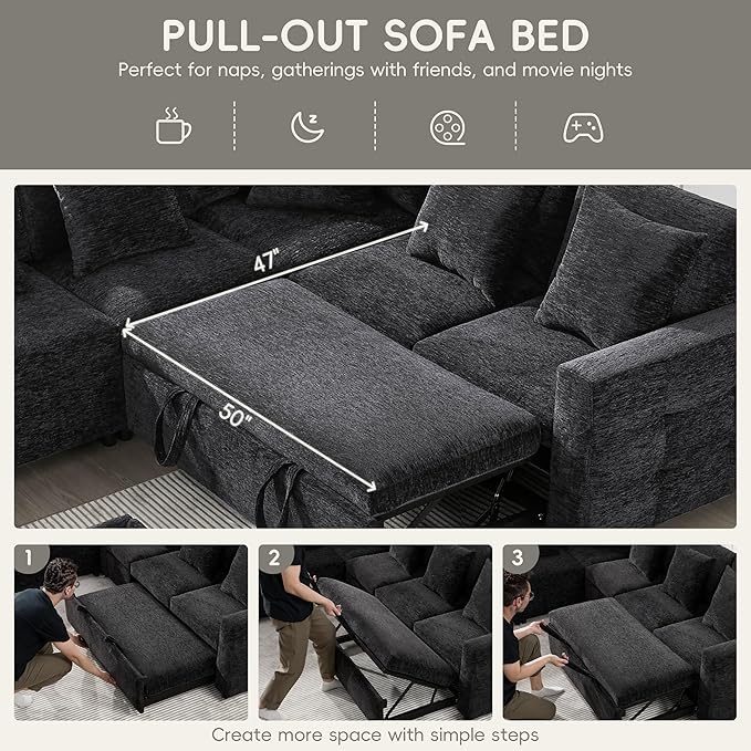 117 * 90'' Modular Sectional Pull-Out Sofa Bed with Flip-up Table Panel Reading Lamp Charging Ports Storage Ottoman 6 Pillows Chenille Oversize &amp Free Combination Couch (Black-10.5)