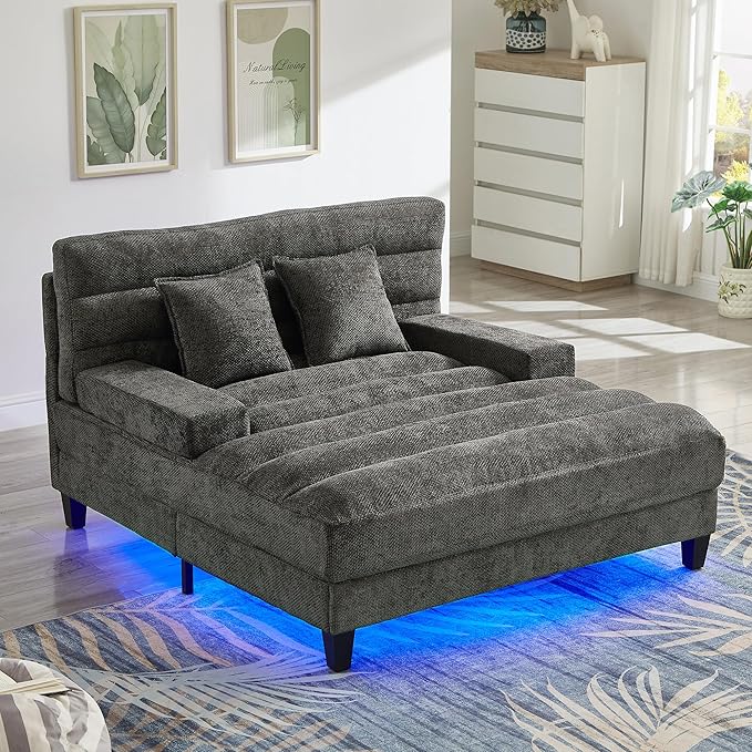 Modern Oversized Chenille Chaise Lounge Chair 57.1 Sofa Bed with Adjustable Backrest and LED Light Strip for Living Room Office (Grey/57.1)