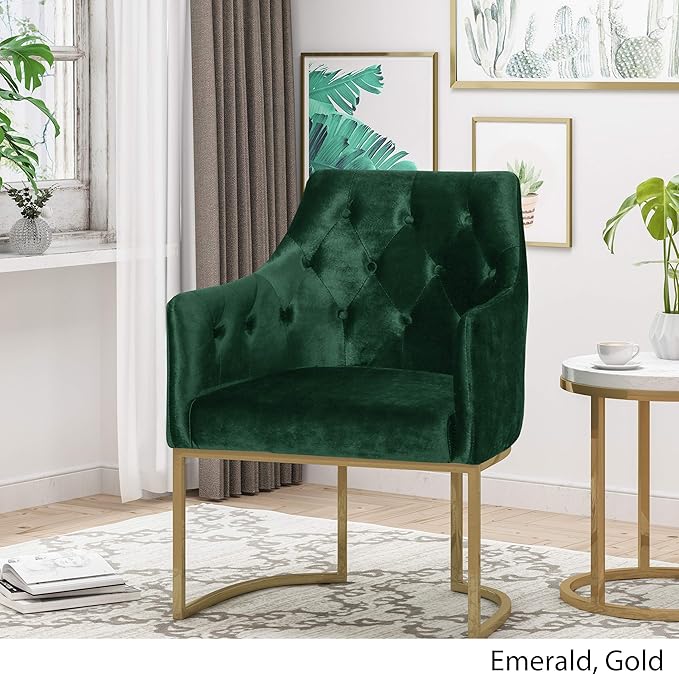 Christopher Knight Home Fern Modern Tufted Glam Accent Chair with Velvet Cushions and U-Shaped Base Emerald and Gold Finish 26D x 26W x 34H
