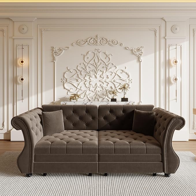 KEIKI 83.8 Classic Chesterfield Sleeper Sofa for Small Spaces Pull Out Velvet Couch with Rolled Arms Elegant Tufted Design