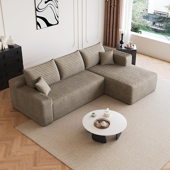 Boneless L-Shaped Modular Couch - 96 Inch Cloud Corduroy Sectional SofaDeep Seating Comfort No Assembly Ideal for Apartments &amp Small Living RoomsCamelRight Facing
