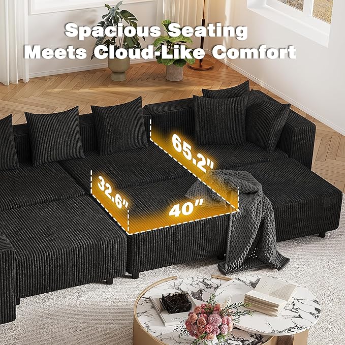Modern Oversized Modular Sectional Sofa Boneless Cloud L Shaped Couch with Legs Corduroy Big Comfy Deep Seat Sofa for Living Room &amp Apartment（Black146″L Shaped Sofa）