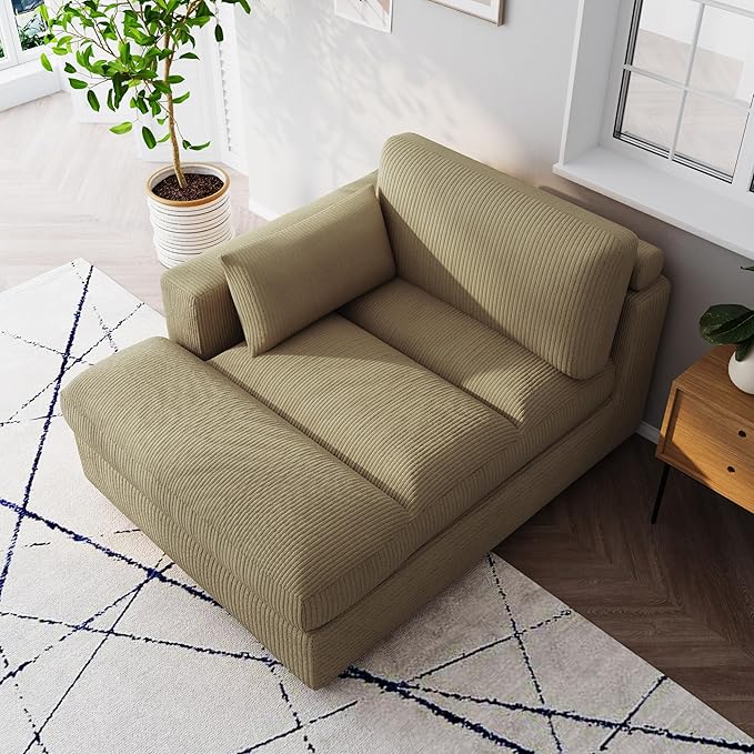 Chaise Lounge Indoor Upholstered Corduroy Sofa Counch with Right Armrest for Living Room Oversized Sleeper Sofa Bed with Pillows for Bedroom Apartment-Camel