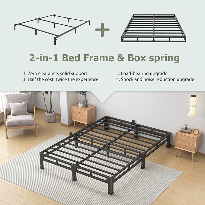 NKZ 10 Inch Full Size Bed Frame Metal Bed Frame &amp Box Spring 2 in 1 Platform with Round Corner Legs 4000lbs Weight Capacity Reinforced Low Profile Metal Frame Noise-Free Easy Assembly
