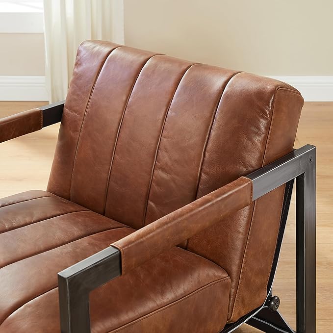Art Leon Genuine Leather Accent Chair Mid Century Modern Arm Chair with Black Metal Frame Single Sofa Chair for Living Room Bedroom Red Brown