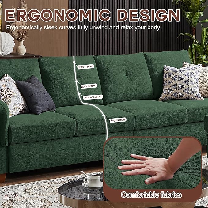 109 Convertible Sectional Sofa Modern Microfibe L Shaped Couch with Storage Chaise and Cup Holder 4 Seat Sofa Couches with Extra Headrests for Living Room Apartment Green