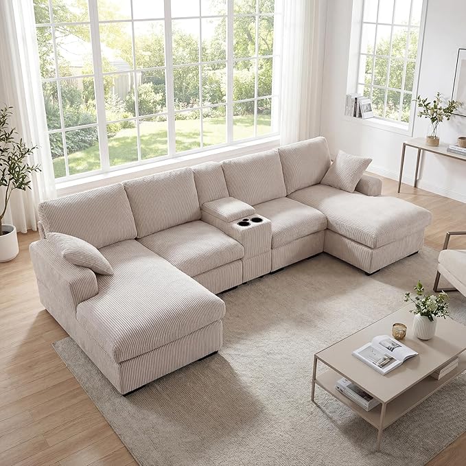126 U Shaped Sofa Modular Sectional Sofa with Chaise Lounges Modern Couch with Storage Console USB Charging Ports &amp Cup Holders Corduoy Upholstered Deep Seat Couch for Living Room Beige | st