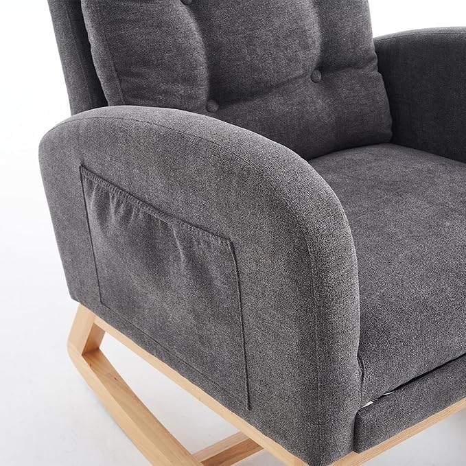 Comfortable Gray Upholstered Rocking Chair with Storage &amp Footrest High Back Solid Wood Legs - Living Room Armchair Bedroom Nursery Rocker
